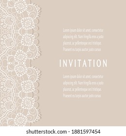 Invitation or Card template with lacе frame border, doodle line pattern, mandala element. Decorative openwork filigree art background for Wedding, Valentine's day greeting card, Birthday Invitation