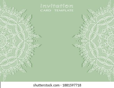 Invitation or Card template with lacе frame border, doodle line pattern, mandala element. Decorative openwork filigree art background for Wedding, Valentine's day greeting card, Birthday Invitation