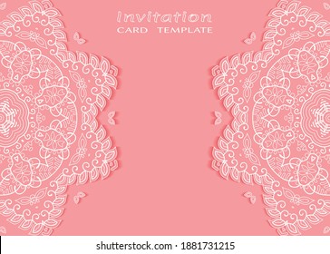 Invitation or Card template with lacе frame border, doodle line pattern, mandala element. Decorative openwork filigree art background for Wedding, Valentine's day greeting card, Birthday Invitation