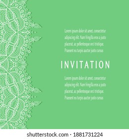 Invitation or Card template with lacе frame border, doodle line pattern, mandala element. Decorative openwork filigree art background for Wedding, Valentine's day greeting card, Birthday Invitation