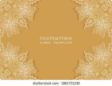 Invitation or Card template with lacе frame border, doodle line pattern, mandala element. Decorative openwork filigree art background for Wedding, Valentine's day greeting card, Birthday Invitation