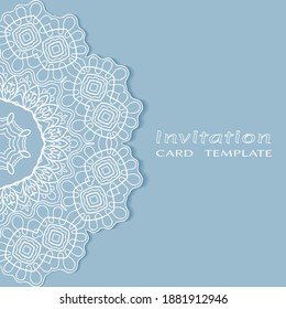 Invitation or Card template with lacе frame border, doodle line pattern, mandala element. Decorative openwork filigree art background for Wedding, Valentine's day greeting card, Birthday Invitation