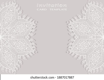 Invitation or Card template with lacе frame border, doodle line pattern, mandala element. Decorative openwork filigree art background for Wedding, Valentine's day greeting card, Birthday Invitation