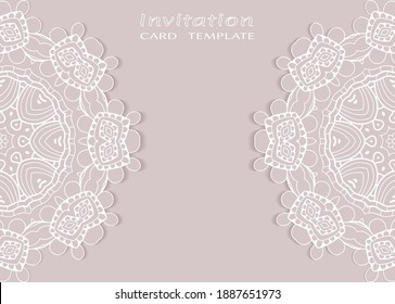 Invitation or Card template with lacе frame border, doodle line pattern, mandala element. Decorative openwork filigree art background for Wedding, Valentine's day greeting card, Birthday Invitation