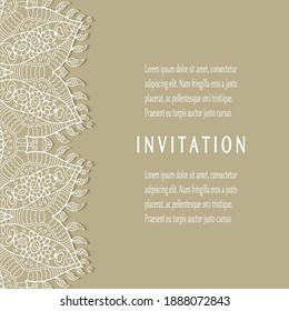 Invitation or Card template with lacе frame border, doodle line pattern, mandala element. Decorative openwork filigree art background for Wedding, Valentine's day greeting card, Birthday Invitation