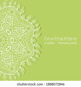 Invitation or Card template with lacе frame border, doodle line pattern, mandala element. Decorative openwork filigree art background for Wedding, Valentine's day greeting card, Birthday Invitation