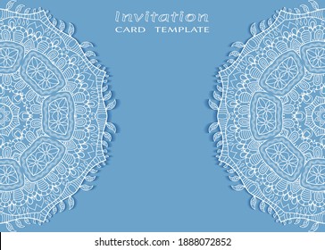 Invitation or Card template with lacе frame border, doodle line pattern, mandala element. Decorative openwork filigree art background for Wedding, Valentine's day greeting card, Birthday Invitation