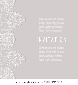 Invitation or Card template with lacе frame border, doodle line pattern, mandala element. Decorative openwork filigree art background for Wedding, Valentine's day greeting card, Birthday Invitation