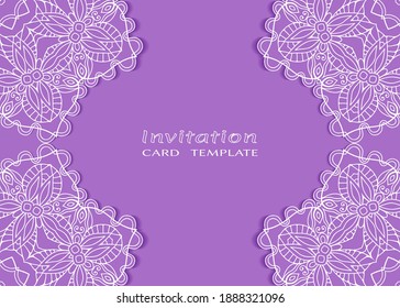 Invitation or Card template with lacе frame border, doodle line pattern, mandala element. Decorative openwork filigree art background for Wedding, Valentine's day greeting card, Birthday Invitation