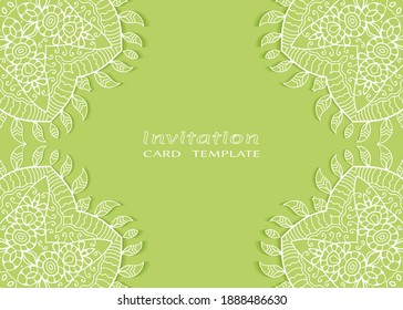 Invitation or Card template with lacе frame border, doodle line pattern, mandala element. Decorative openwork filigree art background for Wedding, Valentine's day greeting card, Birthday Invitation