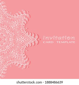 Invitation or Card template with lacе frame border, doodle line pattern, mandala element. Decorative openwork filigree art background for Wedding, Valentine's day greeting card, Birthday Invitation