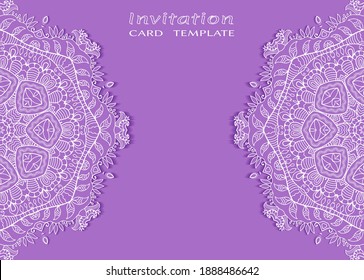 Invitation or Card template with lacе frame border, doodle line pattern, mandala element. Decorative openwork filigree art background for Wedding, Valentine's day greeting card, Birthday Invitation