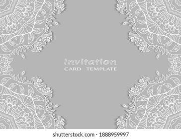 Plantilla de invitación o tarjeta con borde de marco е lacado, patrón de línea de doodle, elemento mandala. Fondo decorativo de arte de fibra de trabajo abierto para boda, tarjeta de saludo de San Valentín, invitación de cumpleaños