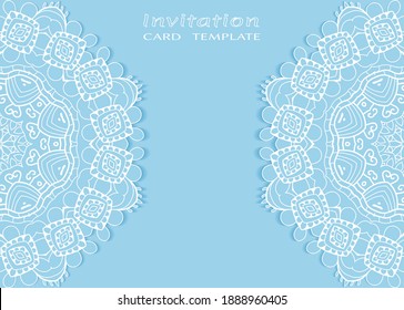 Invitation or Card template with lacе frame border, doodle line pattern, mandala element. Decorative openwork filigree art background for Wedding, Valentine's day greeting card, Birthday Invitation