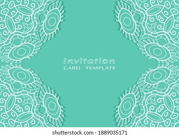 Invitation or Card template with lacе frame border, doodle line pattern, mandala element. Decorative openwork filigree art background for Wedding, Valentine's day greeting card, Birthday Invitation