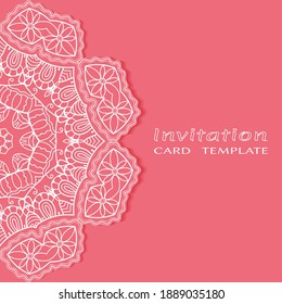Plantilla de invitación o tarjeta con borde de marco е lacado, patrón de línea de doodle, elemento mandala. Fondo decorativo de arte de fibra de trabajo abierto para boda, tarjeta de saludo de San Valentín, invitación de cumpleaños