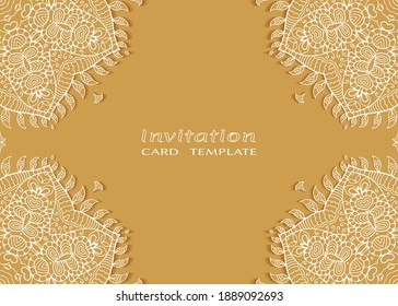 Invitation or Card template with lacе frame border, doodle line pattern, mandala element. Decorative openwork filigree art background for Wedding, Valentine's day greeting card, Birthday Invitation