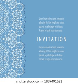 Invitation or Card template with lacе frame border, doodle line pattern, mandala element. Decorative openwork filigree art background for Wedding, Valentine's day greeting card, Birthday Invitation