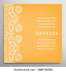Invitation or Card template with lacе frame border, doodle line pattern, mandala element. Decorative openwork filigree art background for Wedding, Valentine's day greeting card, Birthday Invitation