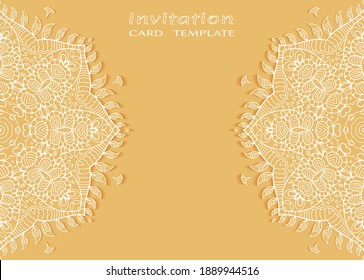 Invitation or Card template with lacе frame border, doodle line pattern, mandala element. Decorative openwork filigree art background for Wedding, Valentine's day greeting card, Birthday Invitation