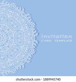 Invitation or Card template with lacе frame border, doodle line pattern, mandala element. Decorative openwork filigree art background for Wedding, Valentine's day greeting card, Birthday Invitation