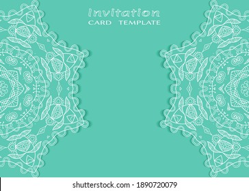 Invitation or Card template with lacе frame border, doodle line pattern, mandala element. Decorative openwork filigree art background for Wedding, Valentine's day greeting card, Birthday Invitation