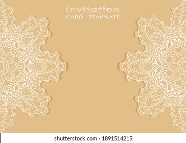Invitation or Card template with lacе frame border, doodle line pattern, mandala element. Decorative openwork filigree art background for Wedding, Valentine's day greeting card, Birthday Invitation