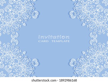 Invitation or Card template with lacе frame border, doodle line pattern, mandala element. Decorative openwork filigree art background for Wedding, Valentine's day greeting card, Birthday Invitation