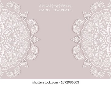 Invitation or Card template with lacе frame border, doodle line pattern, mandala element. Decorative openwork filigree art background for Wedding, Valentine's day greeting card, Birthday Invitation
