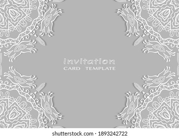 Invitation or Card template with lacе frame border, doodle line pattern, mandala element. Decorative openwork filigree art background for Wedding, Valentine's day greeting card, Birthday Invitation