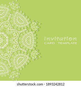Invitation or Card template with lacе frame border, doodle line pattern, mandala element. Decorative openwork filigree art background for Wedding, Valentine's day greeting card, Birthday Invitation