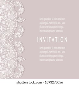 Invitation or Card template with lacе frame border, doodle line pattern, mandala element. Decorative openwork filigree art background for Wedding, Valentine's day greeting card, Birthday Invitation