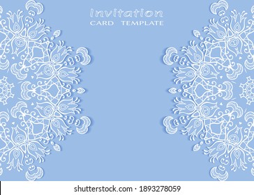Invitation or Card template with lacе frame border, doodle line pattern, mandala element. Decorative openwork filigree art background for Wedding, Valentine's day greeting card, Birthday Invitation