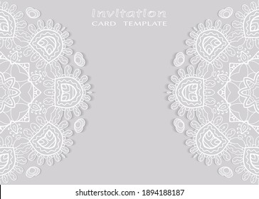Invitation or Card template with lacе frame border, doodle line pattern, mandala element. Decorative openwork filigree art background for Wedding, Valentine's day greeting card, Birthday Invitation