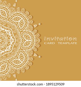 Invitation or Card template with lacе frame border, doodle line pattern, mandala element. Decorative openwork filigree art background for Wedding, Valentine's day greeting card, Birthday Invitation