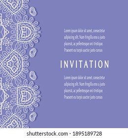 Plantilla de invitación o tarjeta con borde de marco е lacado, patrón de línea de doodle, elemento mandala. Fondo decorativo de arte de fibra de trabajo abierto para boda, tarjeta de saludo de San Valentín, invitación de cumpleaños