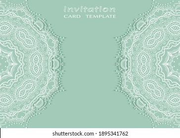 Einladung oder Kartenvorlage mit е Rahmenrahmen, doodle Linie Muster, mandala Element. Dekorative offene Arbeit figree Kunsthintergrund für Hochzeit, Valentinstag-Grußkarte, Geburtstagseinladung