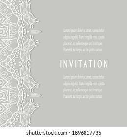 Invitation or Card template with lacе frame border, doodle line pattern, mandala element. Decorative openwork filigree art background for Wedding, Valentine's day greeting card, Birthday Invitation