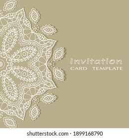 Invitation or Card template with lacе frame border, doodle line pattern, mandala element. Decorative openwork filigree art background for Wedding, Valentine's day greeting card, Birthday Invitation