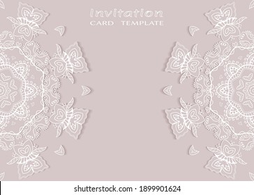 Invitation or Card template with lacе frame border, doodle line pattern, mandala element. Decorative openwork filigree art background for Wedding, Valentine's day greeting card, Birthday Invitation