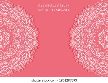 Invitation or Card template with lacе frame border, doodle line pattern, mandala element. Decorative openwork filigree art background for Wedding, Valentine's day greeting card, Birthday Invitation