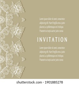 Invitation or Card template with lacе frame border, doodle line pattern, mandala element. Decorative openwork filigree art background for Wedding, Valentine's day greeting card, Birthday Invitation