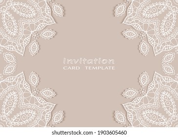 Invitation or Card template with lacе frame border, doodle line pattern, mandala element. Decorative openwork filigree art background for Wedding, Valentine's day greeting card, Birthday Invitation