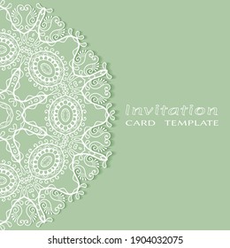 Invitation or Card template with lacе frame border, doodle line pattern, mandala element. Decorative openwork filigree art background for Wedding, Valentine's day greeting card, Birthday Invitation