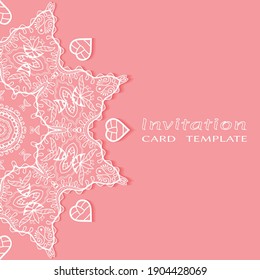 Invitation or Card template with lacе frame border, doodle line pattern, mandala element. Decorative openwork filigree art background for Wedding, Valentine's day greeting card, Birthday Invitation
