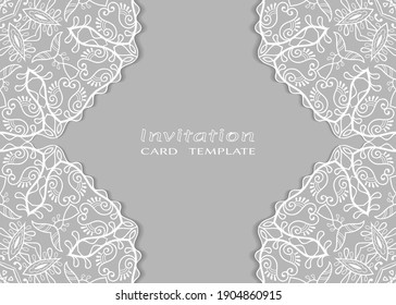 Invitation or Card template with lacе frame border, doodle line pattern, mandala element. Decorative openwork filigree art background for Wedding, Valentine's day greeting card, Birthday Invitation