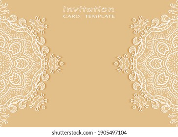 Invitation or Card template with lacе frame border, doodle line pattern, mandala element. Decorative openwork filigree art background for Wedding, Valentine's day greeting card, Birthday Invitation