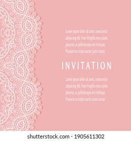 Invitation or Card template with lacе frame border, doodle line pattern, mandala element. Decorative openwork filigree art background for Wedding, Valentine's day greeting card, Birthday Invitation