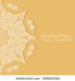 Invitation or Card template with lacе frame border, doodle line pattern, mandala element. Decorative openwork filigree art background for Wedding, Valentine's day greeting card, Birthday Invitation