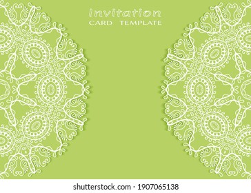Invitation or Card template with lacе frame border, doodle line pattern, mandala element. Decorative openwork filigree art background for Wedding, Valentine's day greeting card, Birthday Invitation